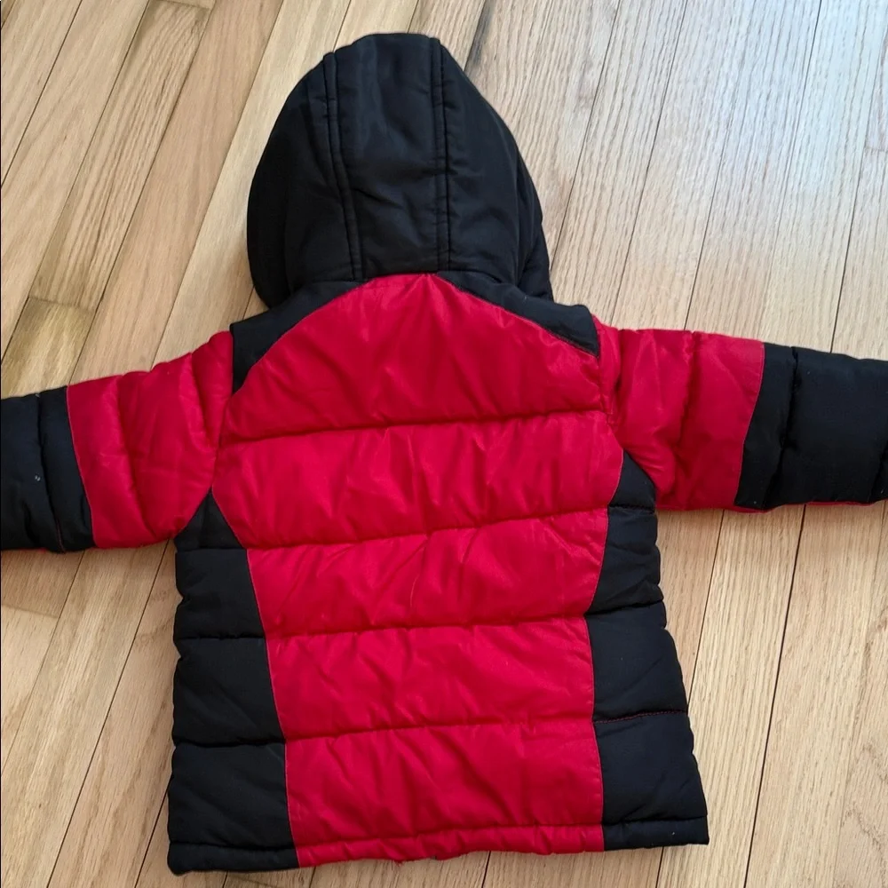 Vertical ‘9 Toddler Red and Black Hooded Fleeced Lined Puffer Jacket with Logo